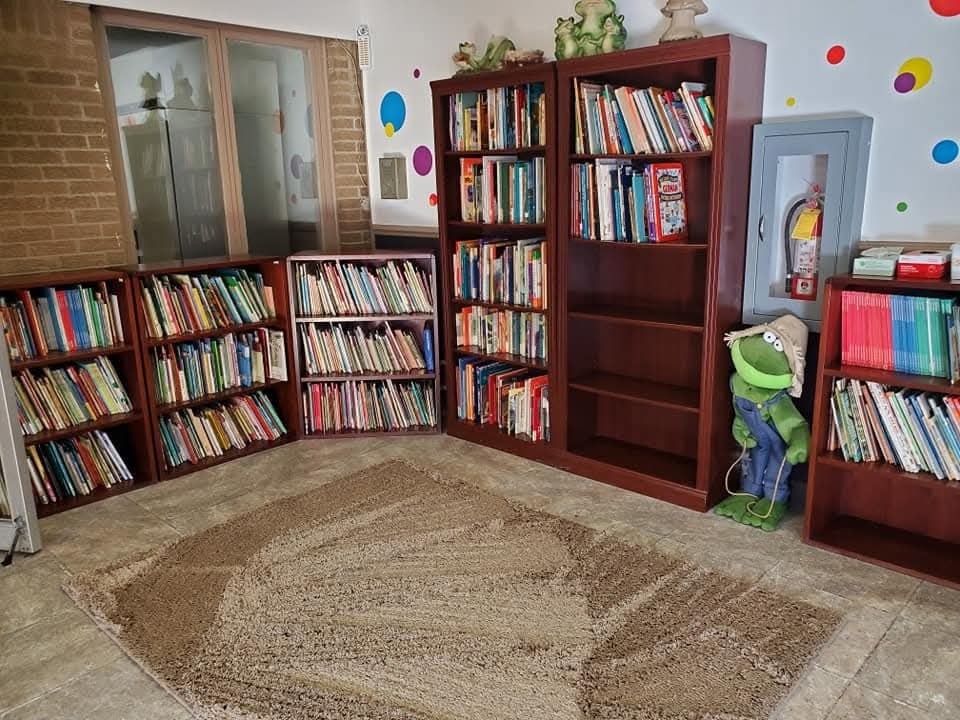 Center library corner with bookshelves full of children's books and a cozy reading rug